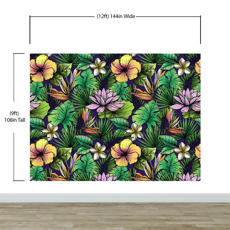 Tropical Flower Wallpaper Peel and Stick Colorful Wildflower Mural. Green Flowers and Palm Tree Leaves Design.