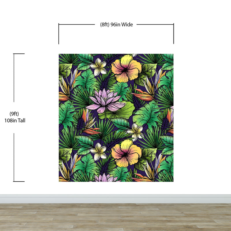 Tropical Flower Wallpaper Peel and Stick Colorful Wildflower Mural. Green Flowers and Palm Tree Leaves Design.