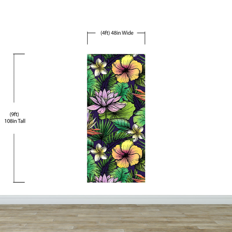 Tropical Flower Wallpaper Peel and Stick Colorful Wildflower Mural. Green Flowers and Palm Tree Leaves Design.