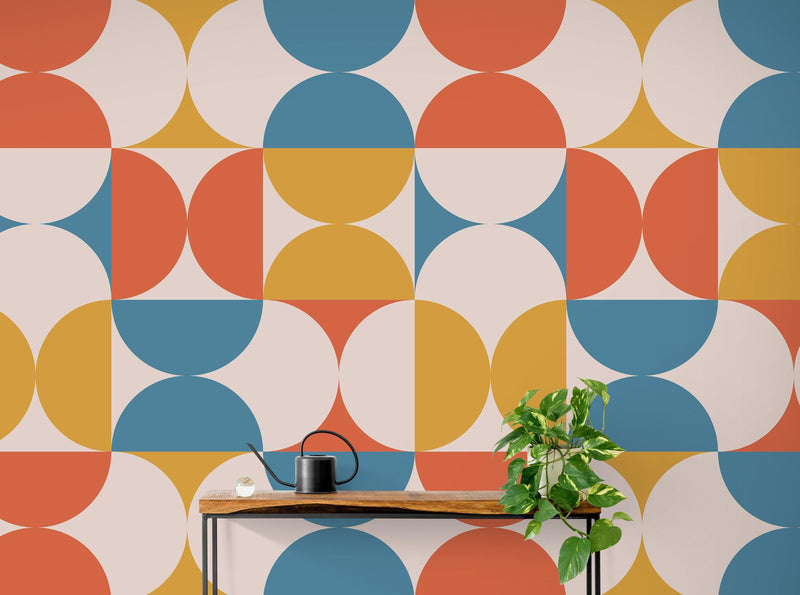 Retro Circle Geometric Wallpaper Peel and Stick Mural. Groovy Shape Patterns Mid Century Modern Retro Design.