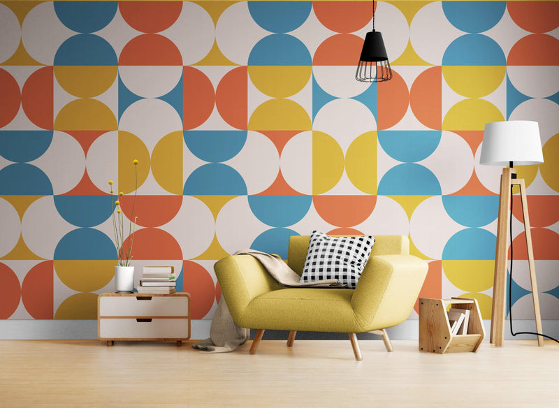 Retro Circle Geometric Wallpaper Peel and Stick Mural. Groovy Shape Patterns Mid Century Modern Retro Design.