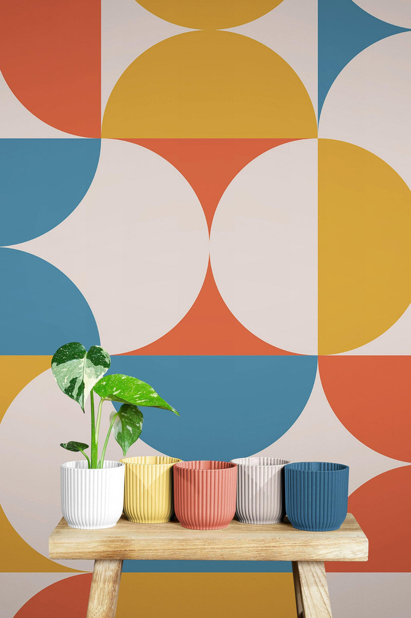 Retro Circle Geometric Wallpaper Peel and Stick Mural. Groovy Shape Patterns Mid Century Modern Retro Design.