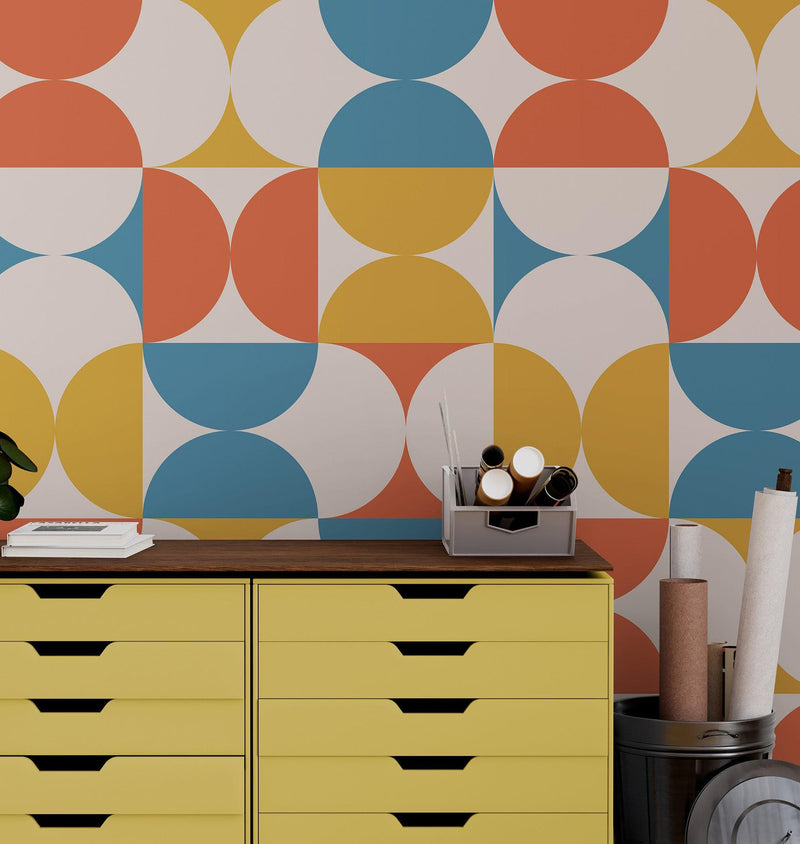 Retro Circle Geometric Wallpaper Peel and Stick Mural. Groovy Shape Patterns Mid Century Modern Retro Design.