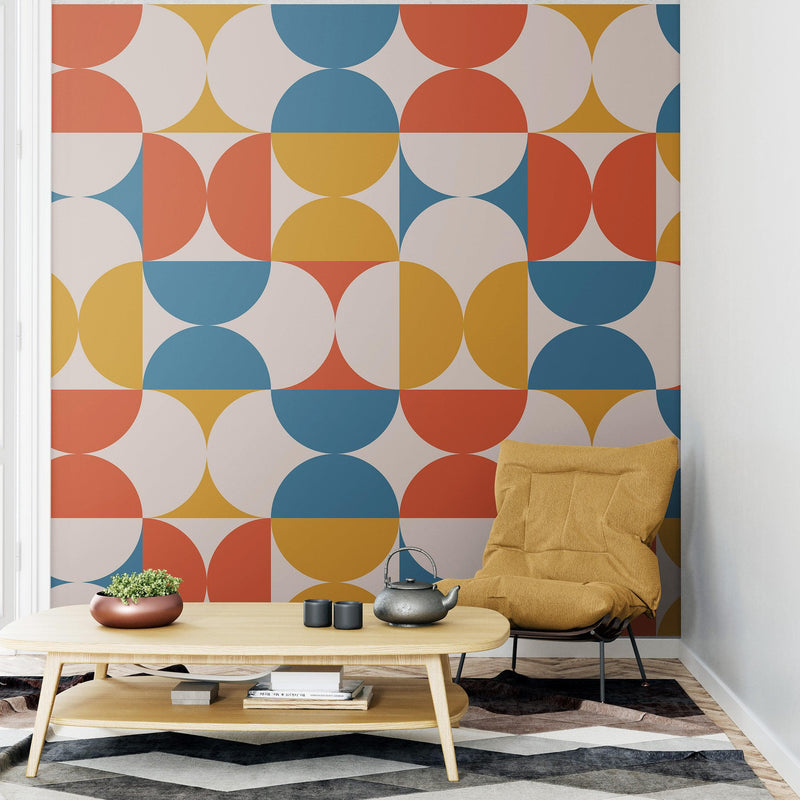 Retro Circle Geometric Wallpaper Peel and Stick Mural. Groovy Shape Patterns Mid Century Modern Retro Design.