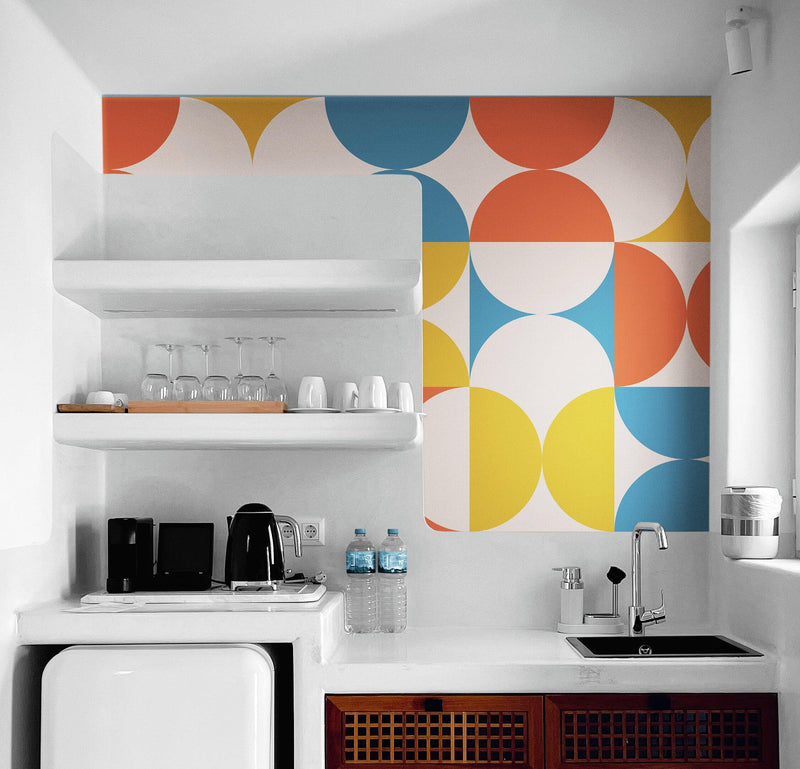 Retro Circle Geometric Wallpaper Peel and Stick Mural. Groovy Shape Patterns Mid Century Modern Retro Design.