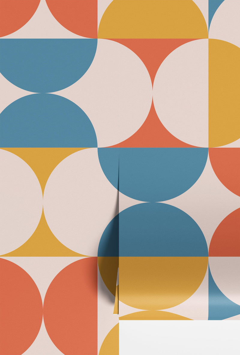 Retro Circle Geometric Wallpaper Peel and Stick Mural. Groovy Shape Patterns Mid Century Modern Retro Design.