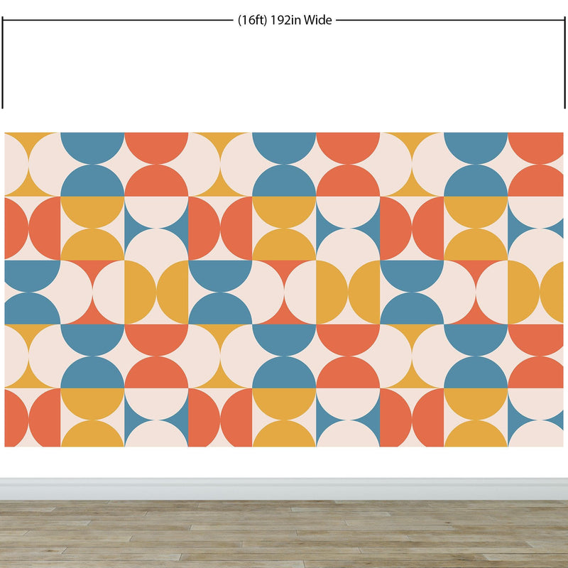 Retro Circle Geometric Wallpaper Peel and Stick Mural. Groovy Shape Patterns Mid Century Modern Retro Design.