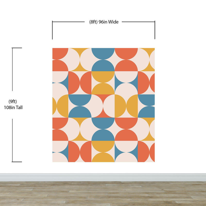 Retro Circle Geometric Wallpaper Peel and Stick Mural. Groovy Shape Patterns Mid Century Modern Retro Design.