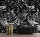 Black and White Fern Botanical Wallpaper. Peel and Stick Mural.