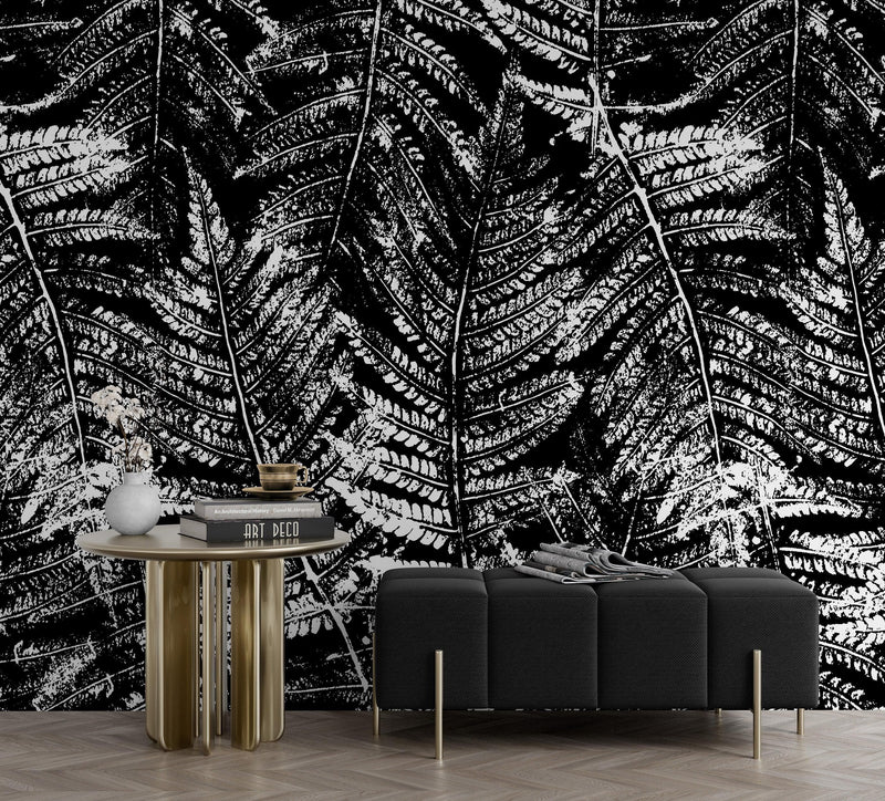 Black and White Fern Botanical Wallpaper. Peel and Stick Mural.