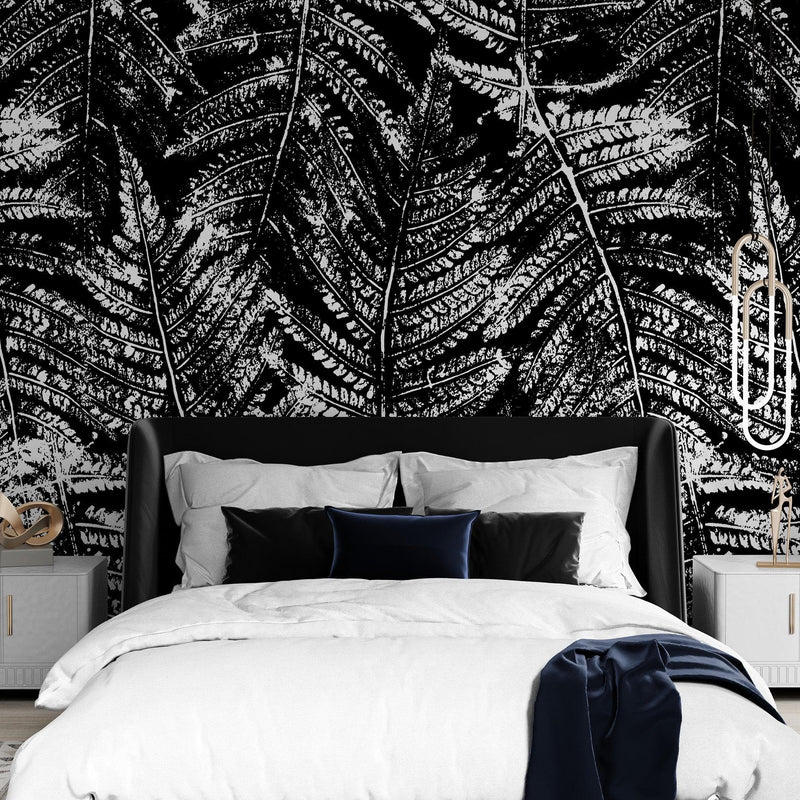 Black and White Fern Botanical Wallpaper. Peel and Stick Mural.