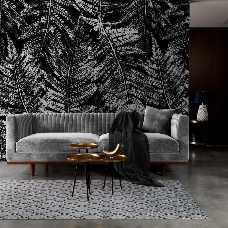 Black and White Fern Botanical Wallpaper. Peel and Stick Mural.