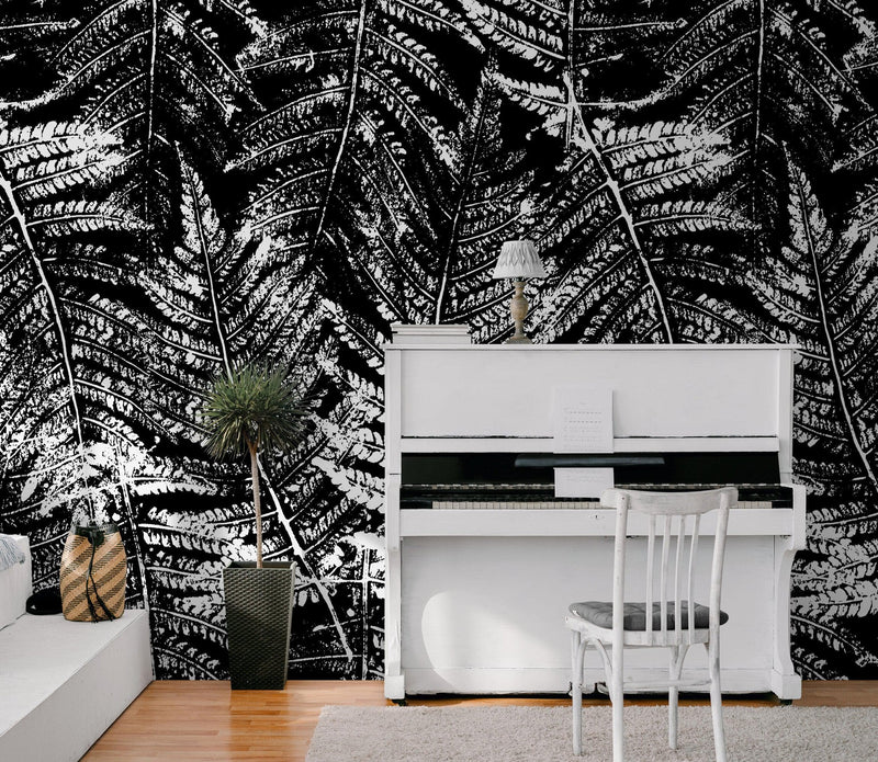 Black and White Fern Botanical Wallpaper. Peel and Stick Mural.