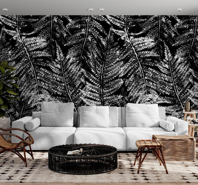 Black and White Fern Botanical Wallpaper. Peel and Stick Mural.