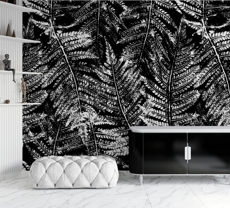 Black and White Fern Botanical Wallpaper. Peel and Stick Mural.