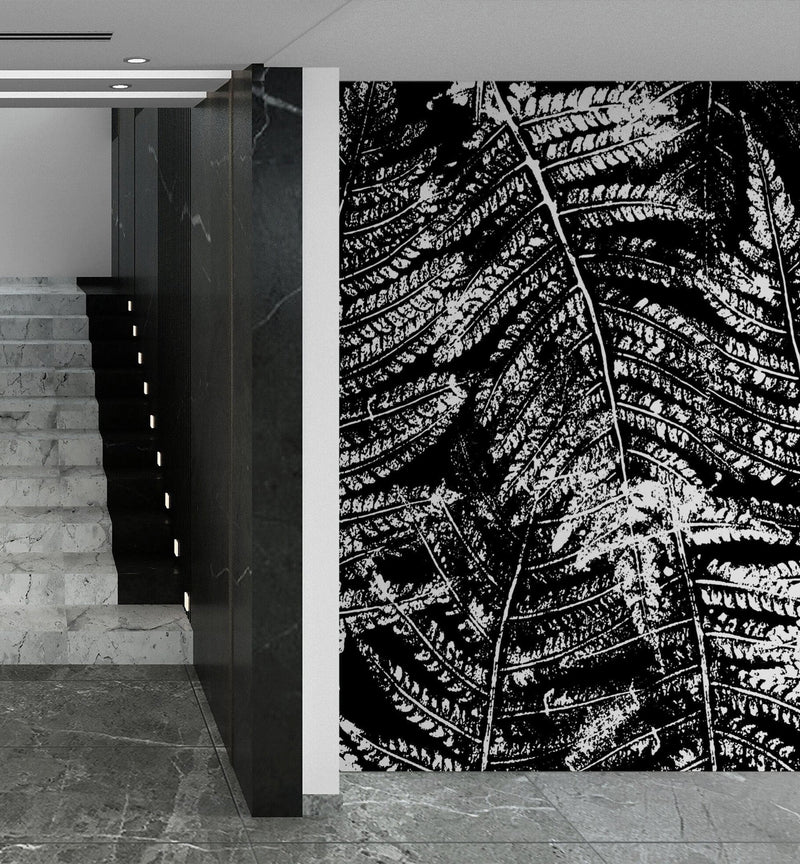 Black and White Fern Botanical Wallpaper. Peel and Stick Mural.