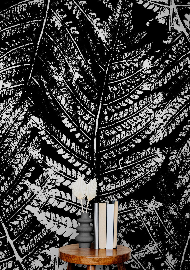 Black and White Fern Botanical Wallpaper. Peel and Stick Mural.