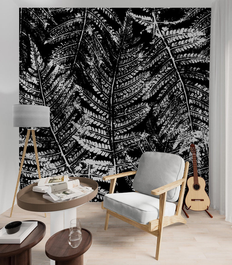 Black and White Fern Botanical Wallpaper. Peel and Stick Mural.