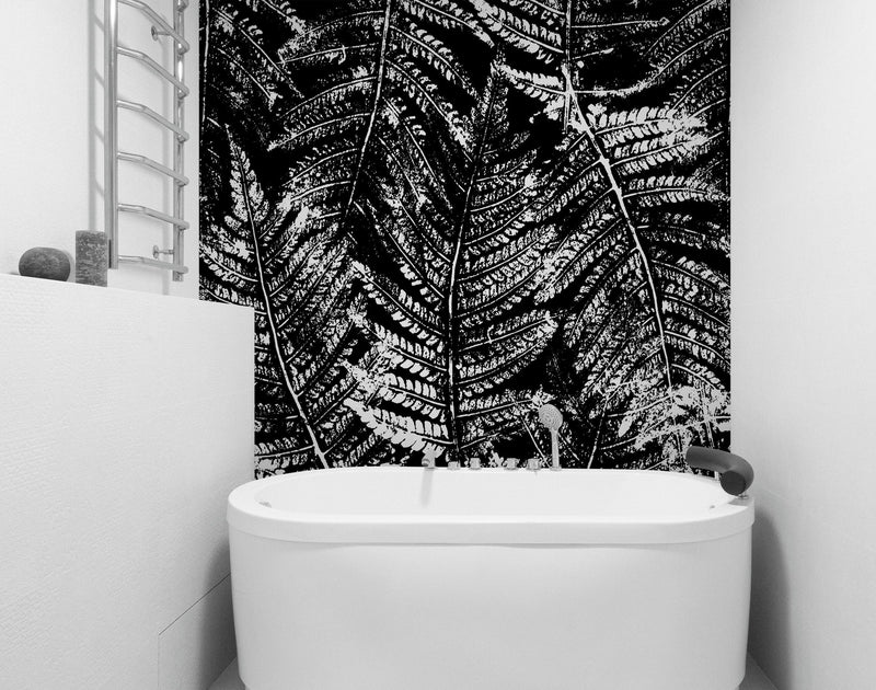 Black and White Fern Botanical Wallpaper. Peel and Stick Mural.