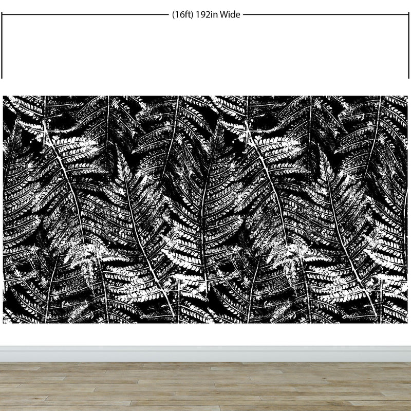 Black and White Fern Botanical Wallpaper. Peel and Stick Mural.