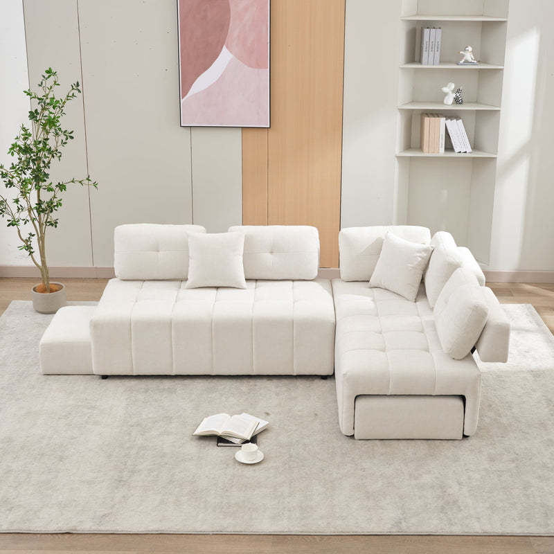 91.73" L-shaped Sofa Sectional Sofa Couch with 2 Stools and 2 Lumbar Pillows for Living Room, Biege