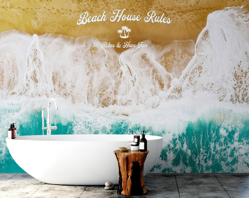 Custom Beach House Wallpaper Peel and Stick Mural. Personalized Text / Quote Family Beach Wall Art.