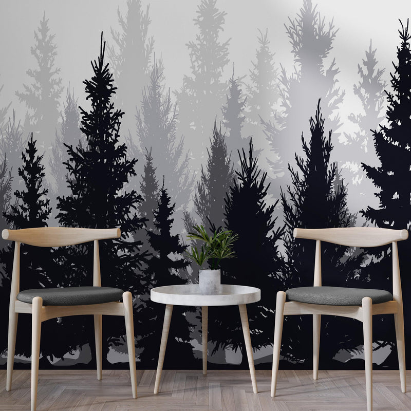 Black and White Pine Tree Forest Wallpaper.