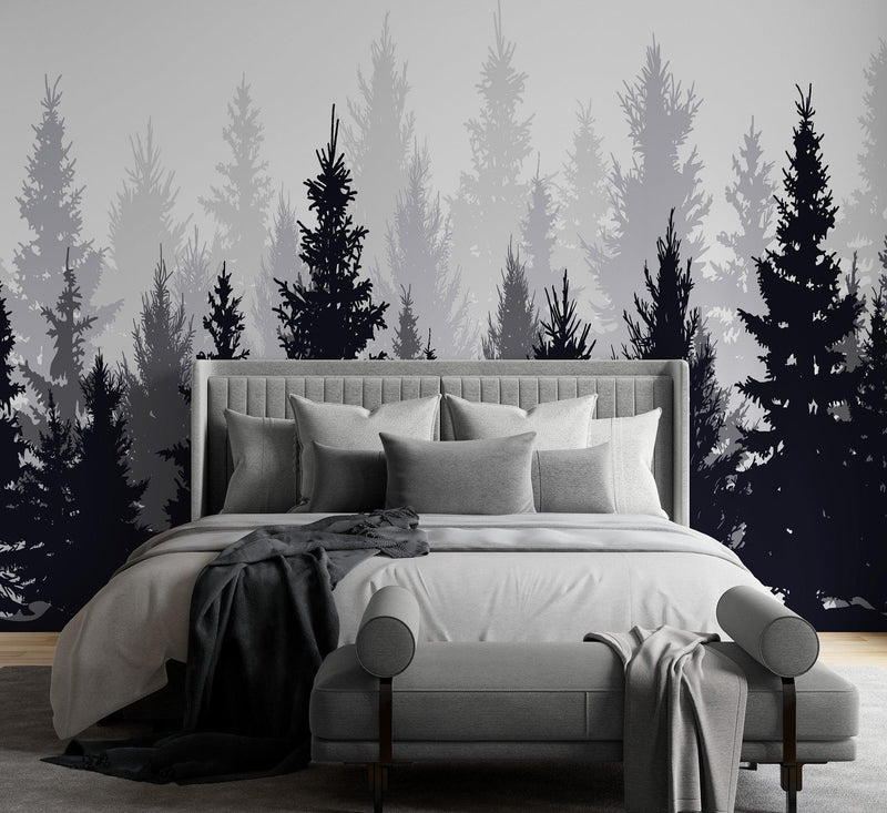 Black and White Pine Tree Forest Wallpaper.