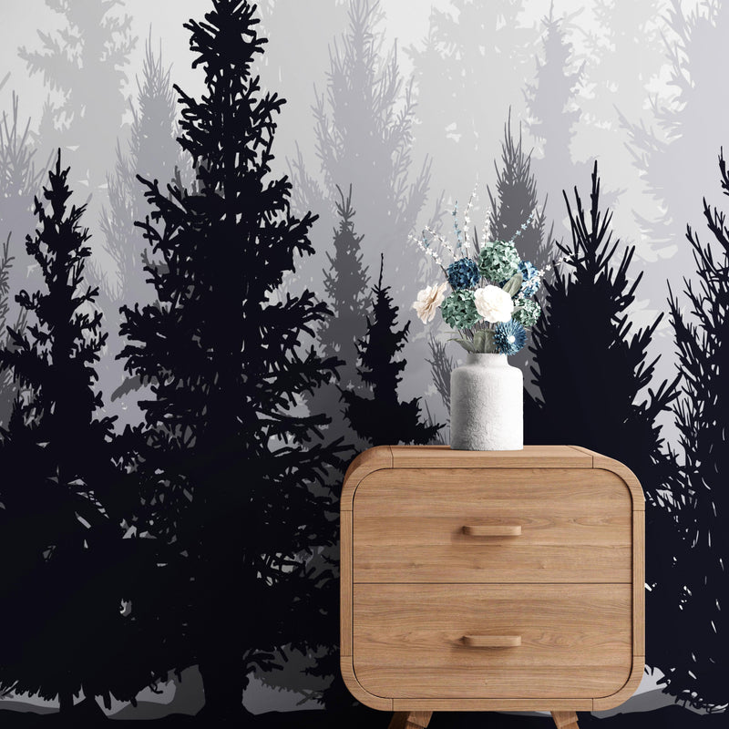 Black and White Pine Tree Forest Wallpaper.