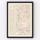 Vintage Railroad Map of Mississippi 1882
