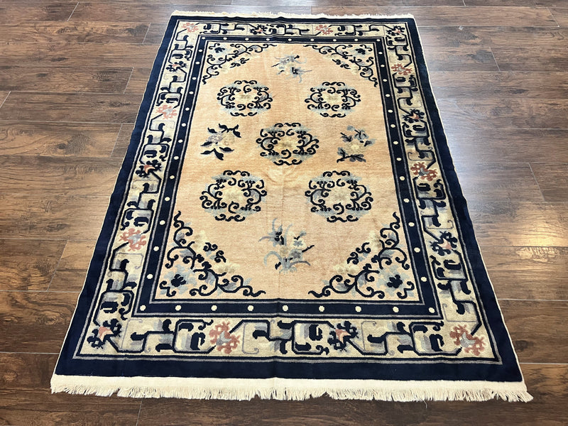 Chinese Peking Rug 4x6, Wool Hand Knotted Handmade Vintage Semi Antique Carpet, Semi Open Field, Light Peach & Navy Blue, Art Deco Rug