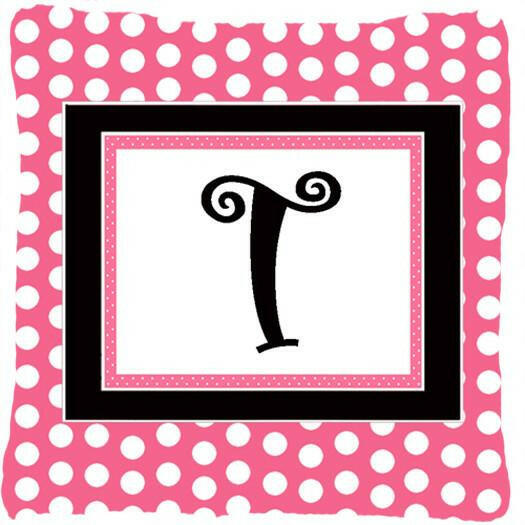 Letter T Initial Monogram Pink Black Polka Dots Decorative Canvas Fabric Pillow