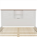 3-Pieces Bedroom Sets Queen Size Farmhouse Platform Bed with Double Sliding Door Storage Headboard, Storage Nightstand and Dresser, White+Brown