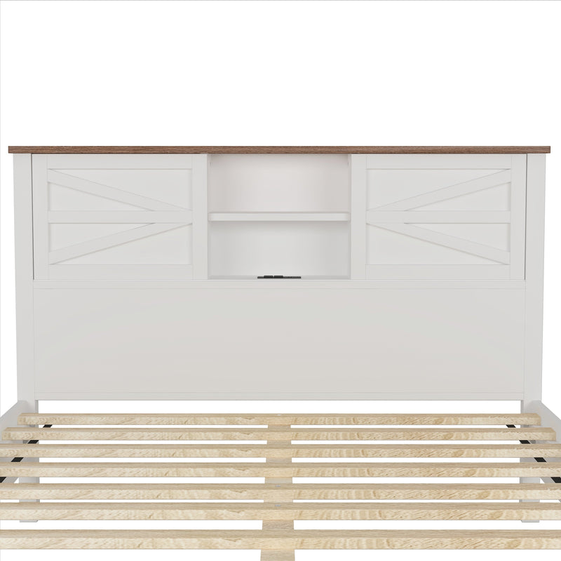 3-Pieces Bedroom Sets Queen Size Farmhouse Platform Bed with Double Sliding Door Storage Headboard, Storage Nightstand and Dresser, White+Brown