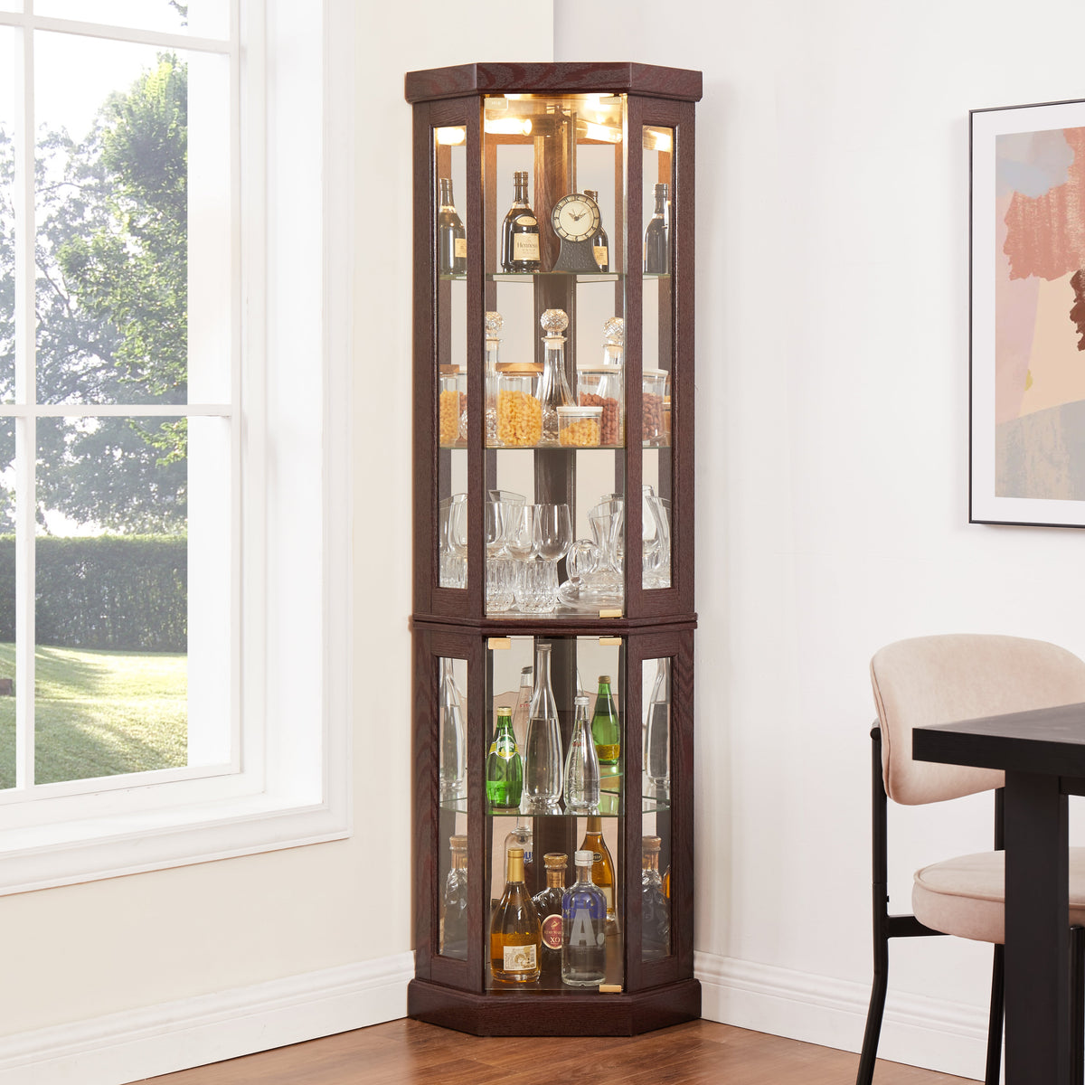 Corner Glass Cabinet Lighted Curio Cabinet in Dark Cherry, photo 3 of 9