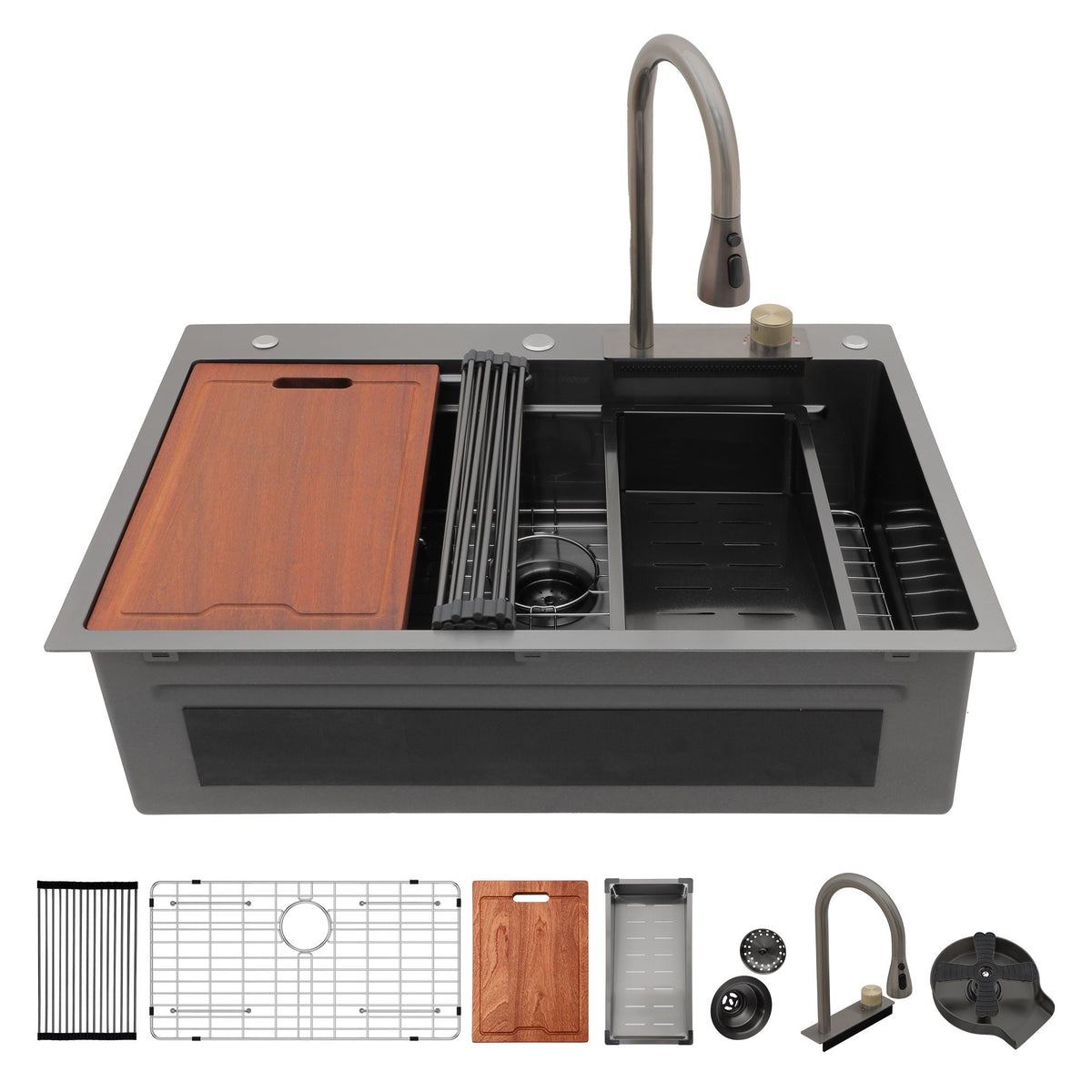 Waterfall Kitchen Sink With Pull Out Faucet & Cup Washer, photo 3 of 40
