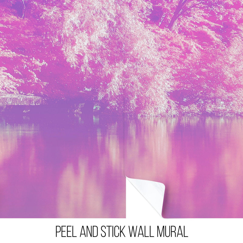 Tranquil Park Scene Wallpaper - Pink Pastel with Trees and Lake Wall Mural