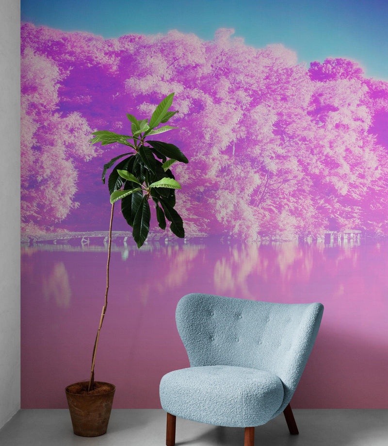 Tranquil Park Scene Wallpaper - Pink Pastel with Trees and Lake Wall Mural