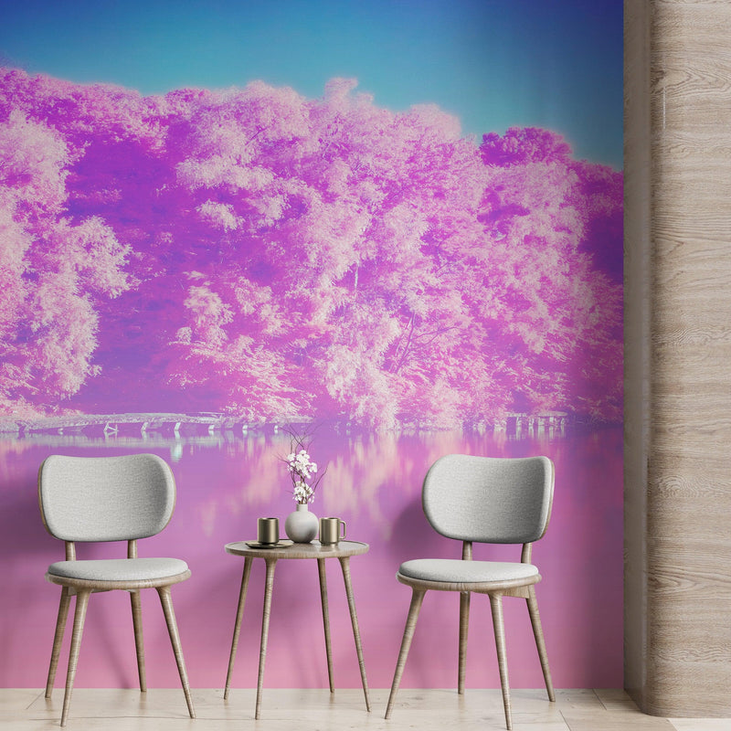 Tranquil Park Scene Wallpaper - Pink Pastel with Trees and Lake Wall Mural