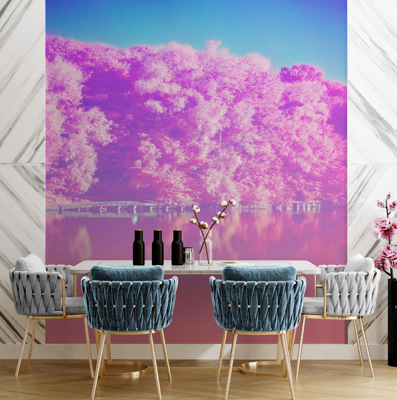 Tranquil Park Scene Wallpaper - Pink Pastel with Trees and Lake Wall Mural