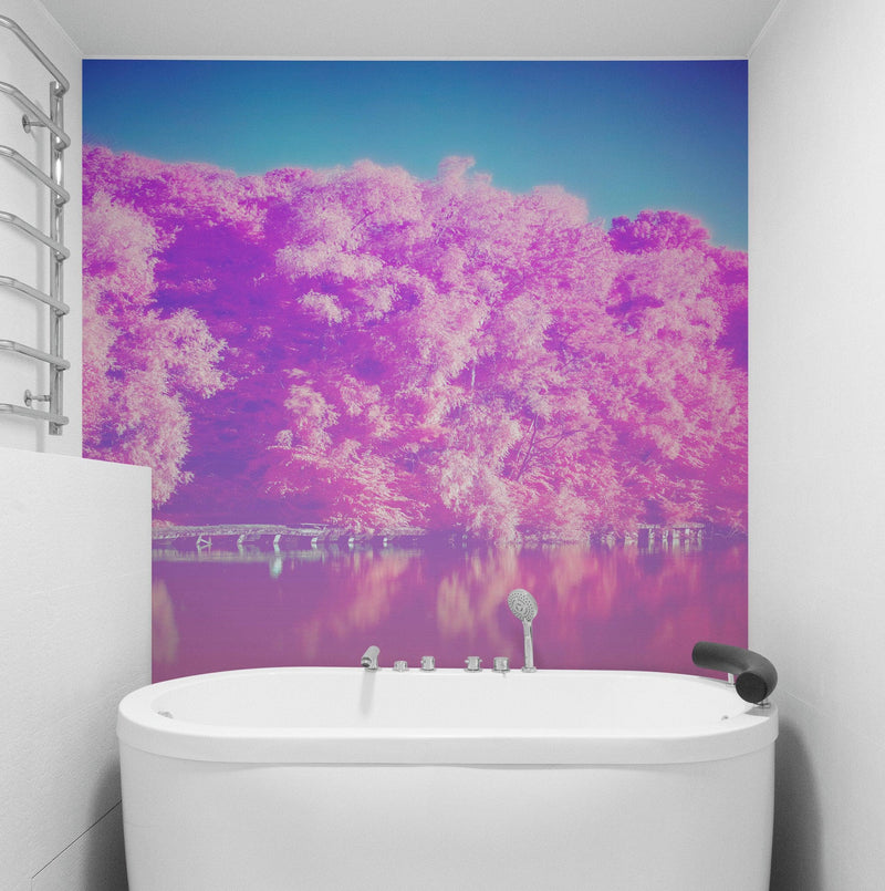 Tranquil Park Scene Wallpaper - Pink Pastel with Trees and Lake Wall Mural