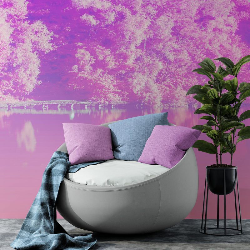 Tranquil Park Scene Wallpaper - Pink Pastel with Trees and Lake Wall Mural