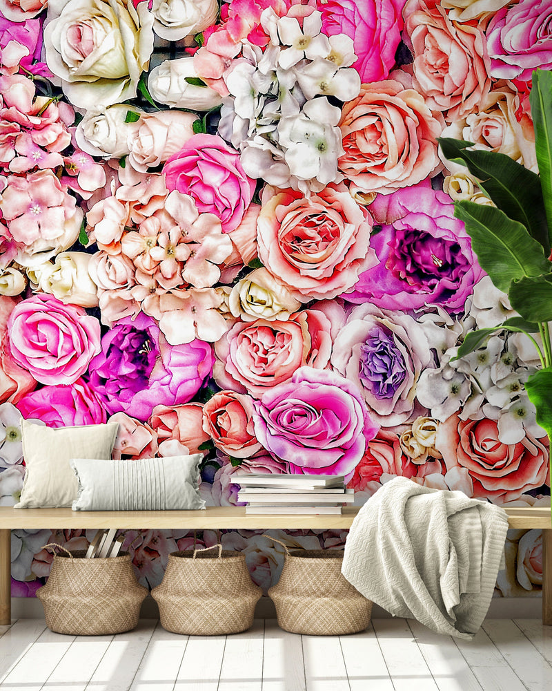 Vibrant Floral Bliss Wallpaper Mural - Colorful Roses and Flower Arrangements