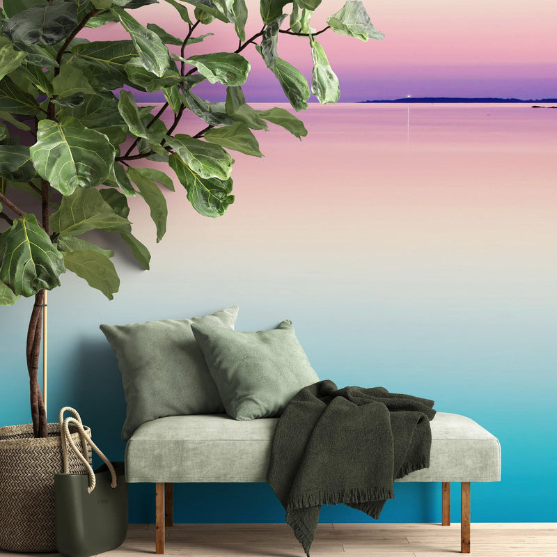 Pastel Pink Sunset Ocean Wallpaper Mural - Tropical Calm Waters.