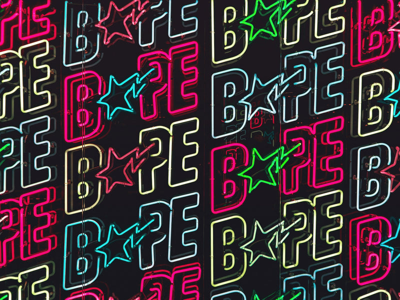 Neon Bape Brand Lights Wallpaper Mural. Streetwear Hype Beast Aesthetics.