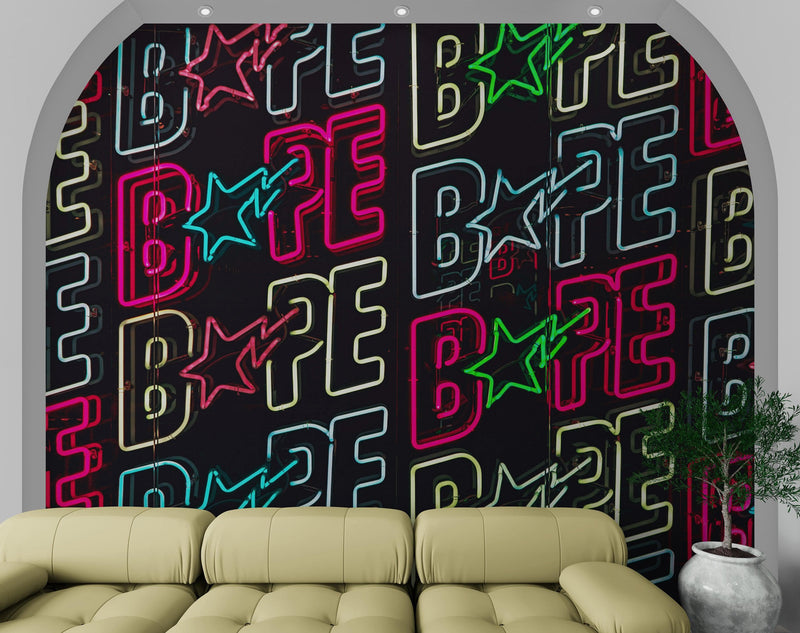 Neon Bape Brand Lights Wallpaper Mural. Streetwear Hype Beast Aesthetics.