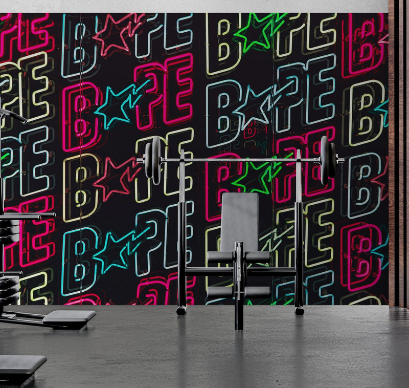 Neon Bape Brand Lights Wallpaper Mural. Streetwear Hype Beast Aesthetics.