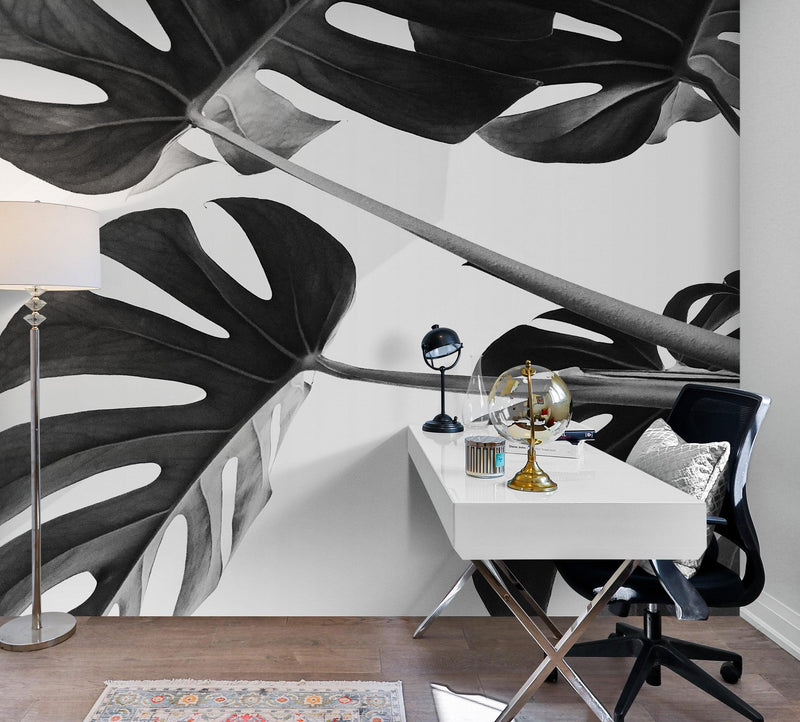 Elegant Black and White Leaves Wallpaper Mural - Serene Botanical Beauty