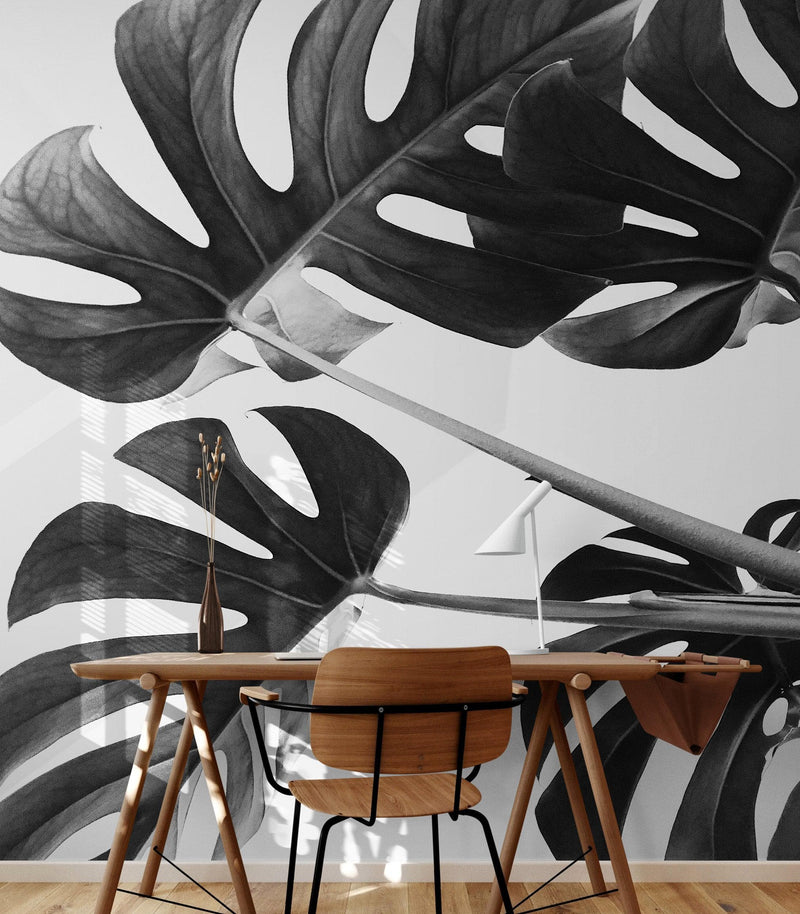 Elegant Black and White Leaves Wallpaper Mural - Serene Botanical Beauty