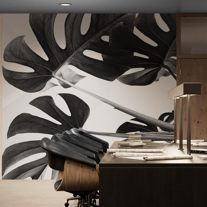 Elegant Black and White Leaves Wallpaper Mural - Serene Botanical Beauty